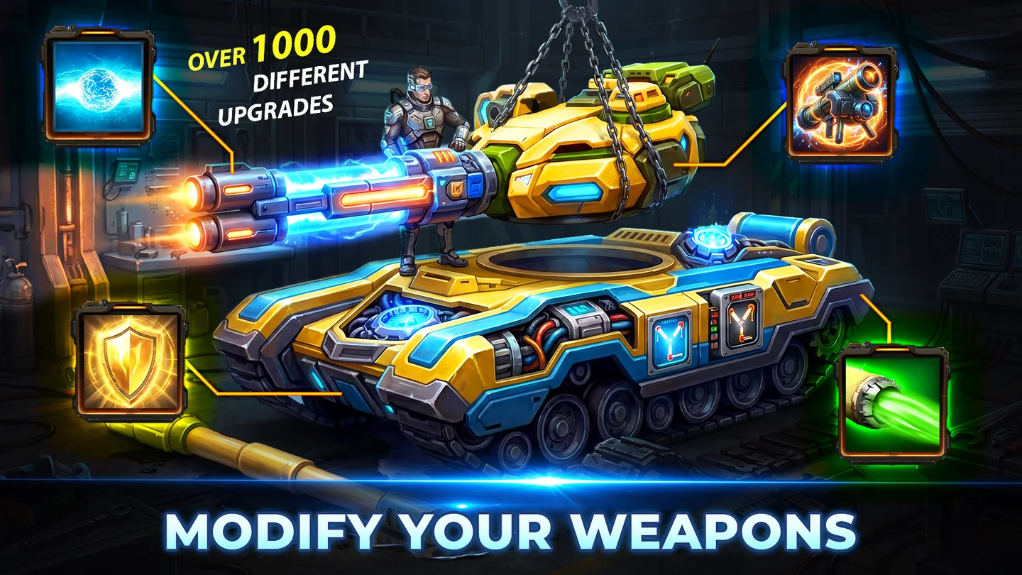 AOD - Art Of Defense promotional artwork showing an upgraded tank with weapon and ability icons