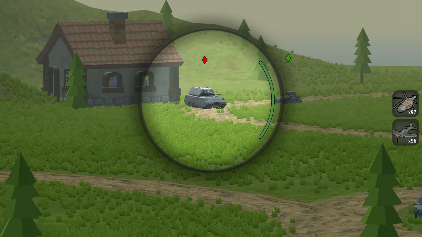 Artillery Vs Tanks Online scope aimed at a tank beside a house