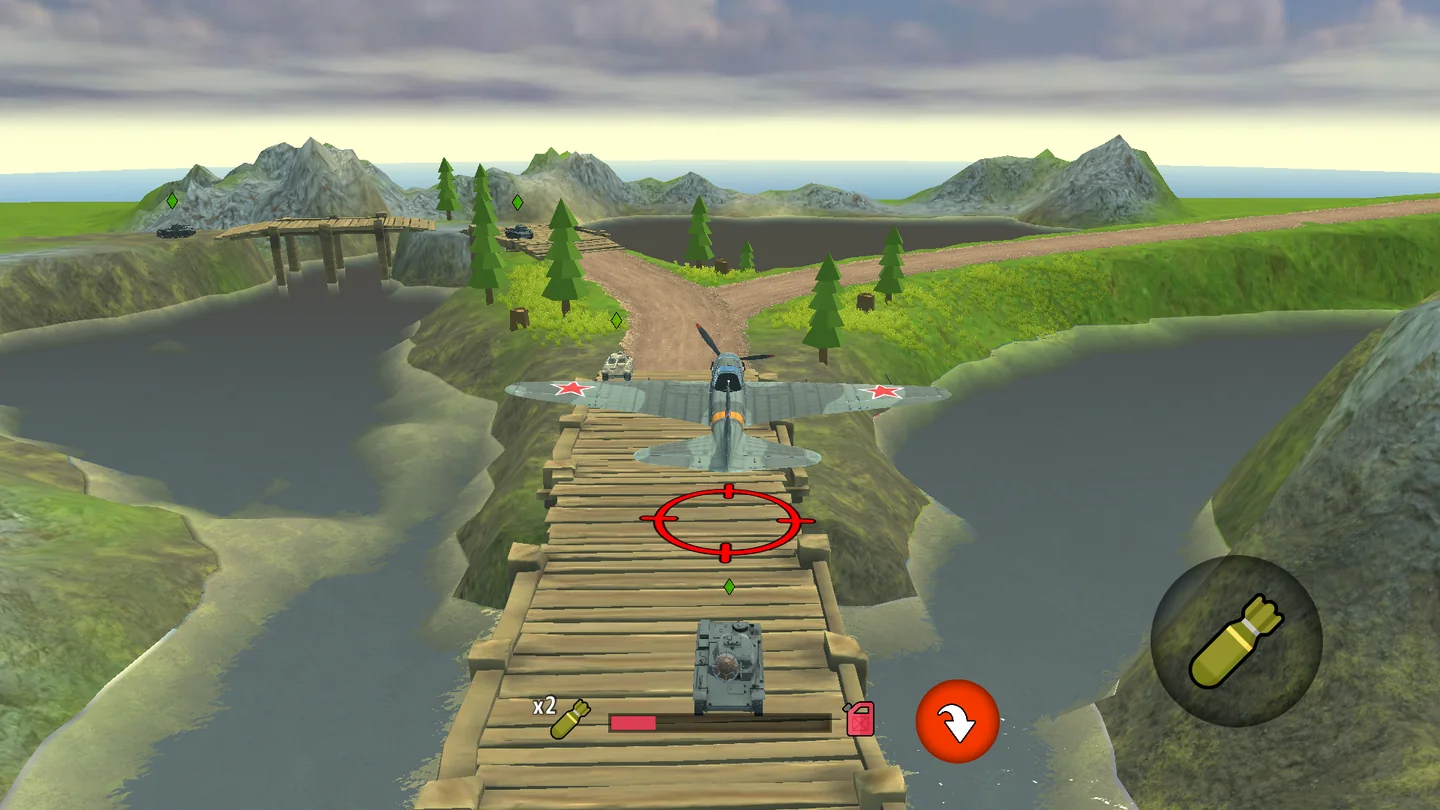 Artillery Vs Tanks Online crosshair above a wooden bridge over water