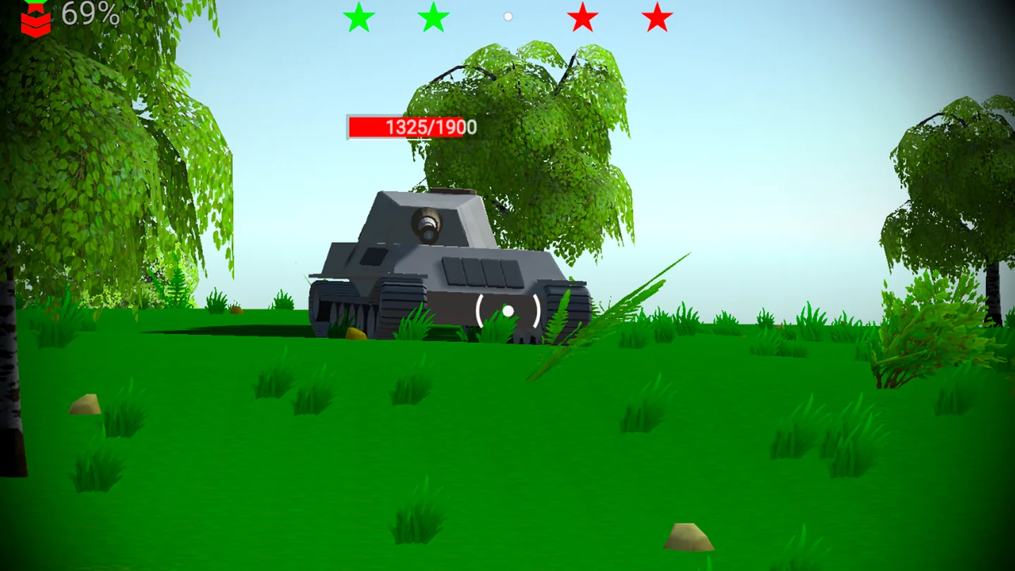 Metal Crunch: Confrontation aiming reticle centered on an enemy tank between trees
