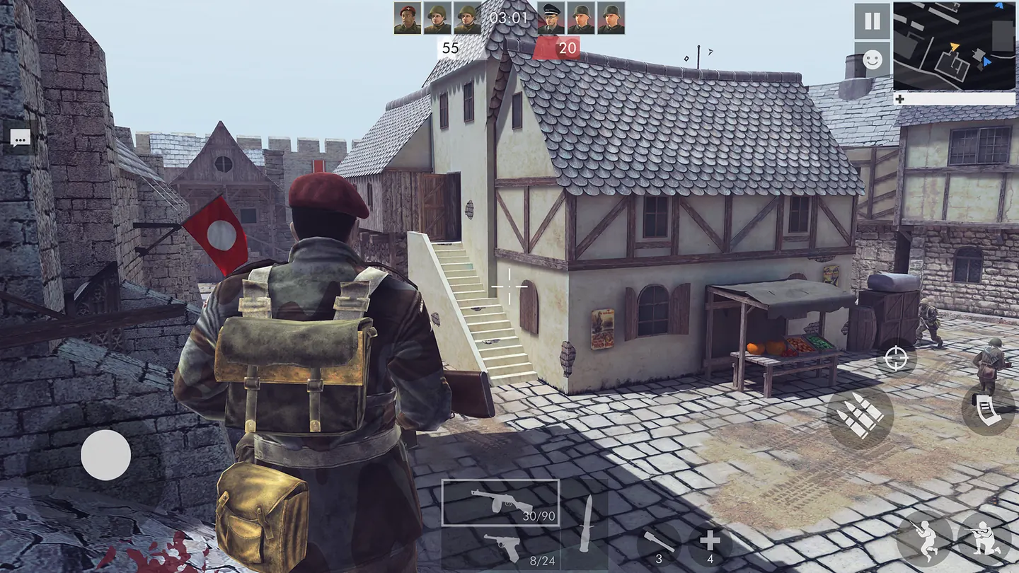 Warfare 1942 soldier overlooking a village street in third-person view