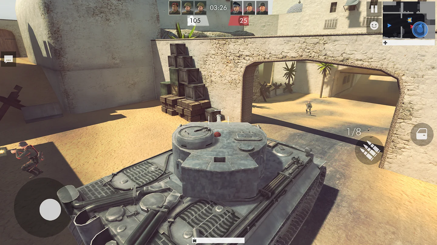 Warfare 1942 tank moving beside a stone archway on a desert map