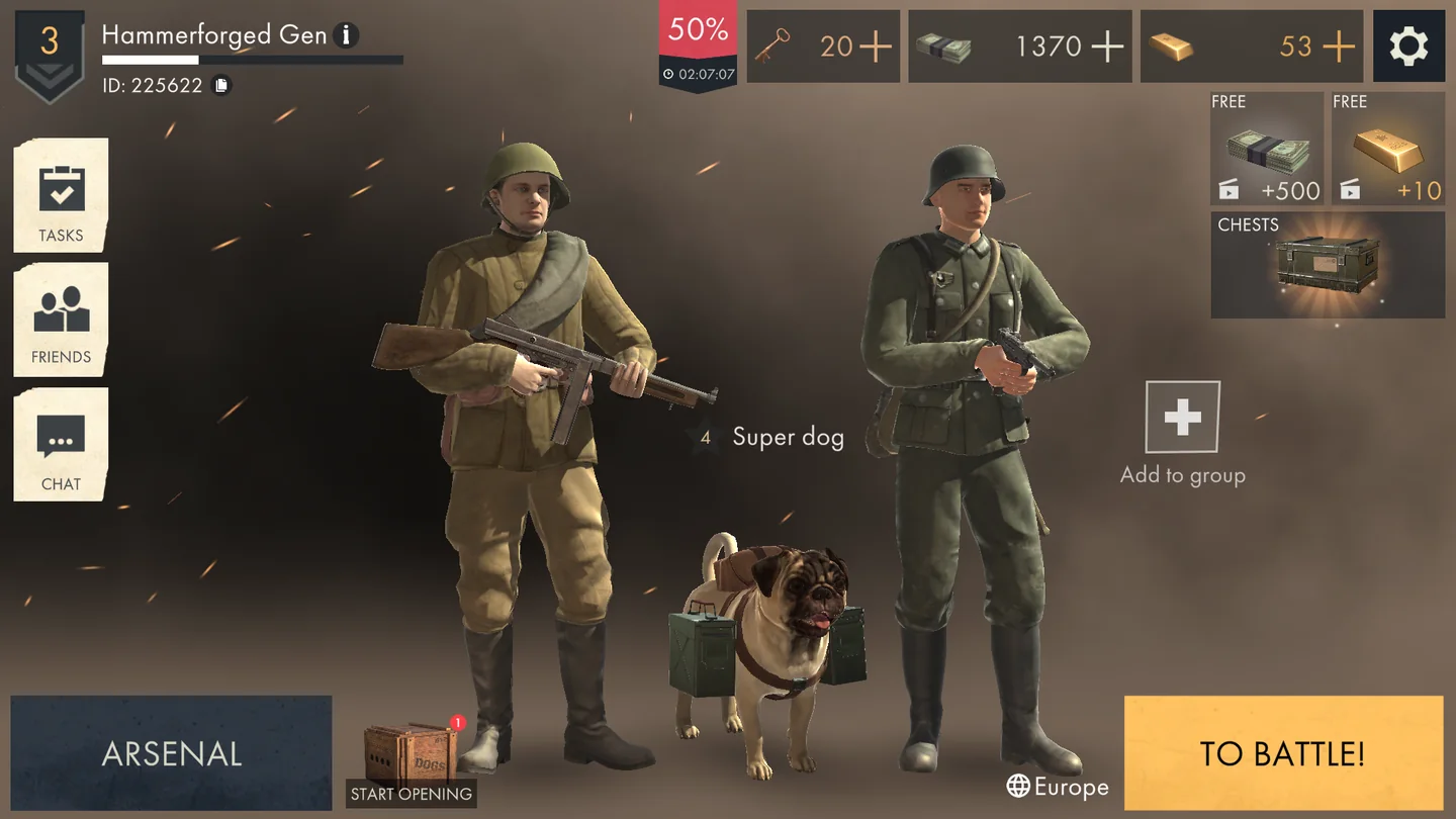 Warfare 1942 lobby showing two soldiers, their equipment, and a war dog